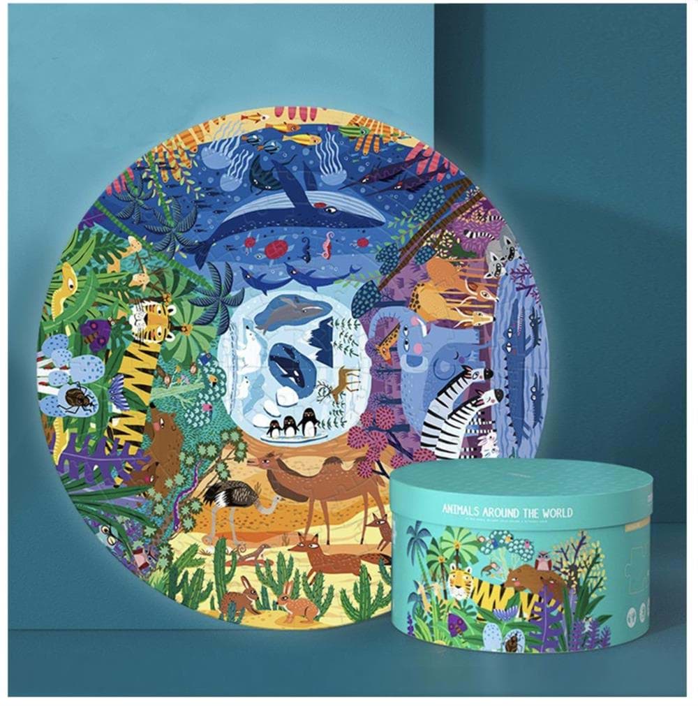 150 Parça Yuvarlak Yapboz Dünyanın Çevresindeki Hayvanlar resmi