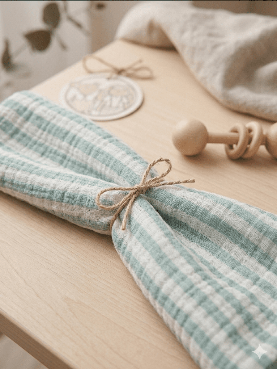 Lil and Lous Yeşil Beyaz Çizgili Müslin Örtü resmi